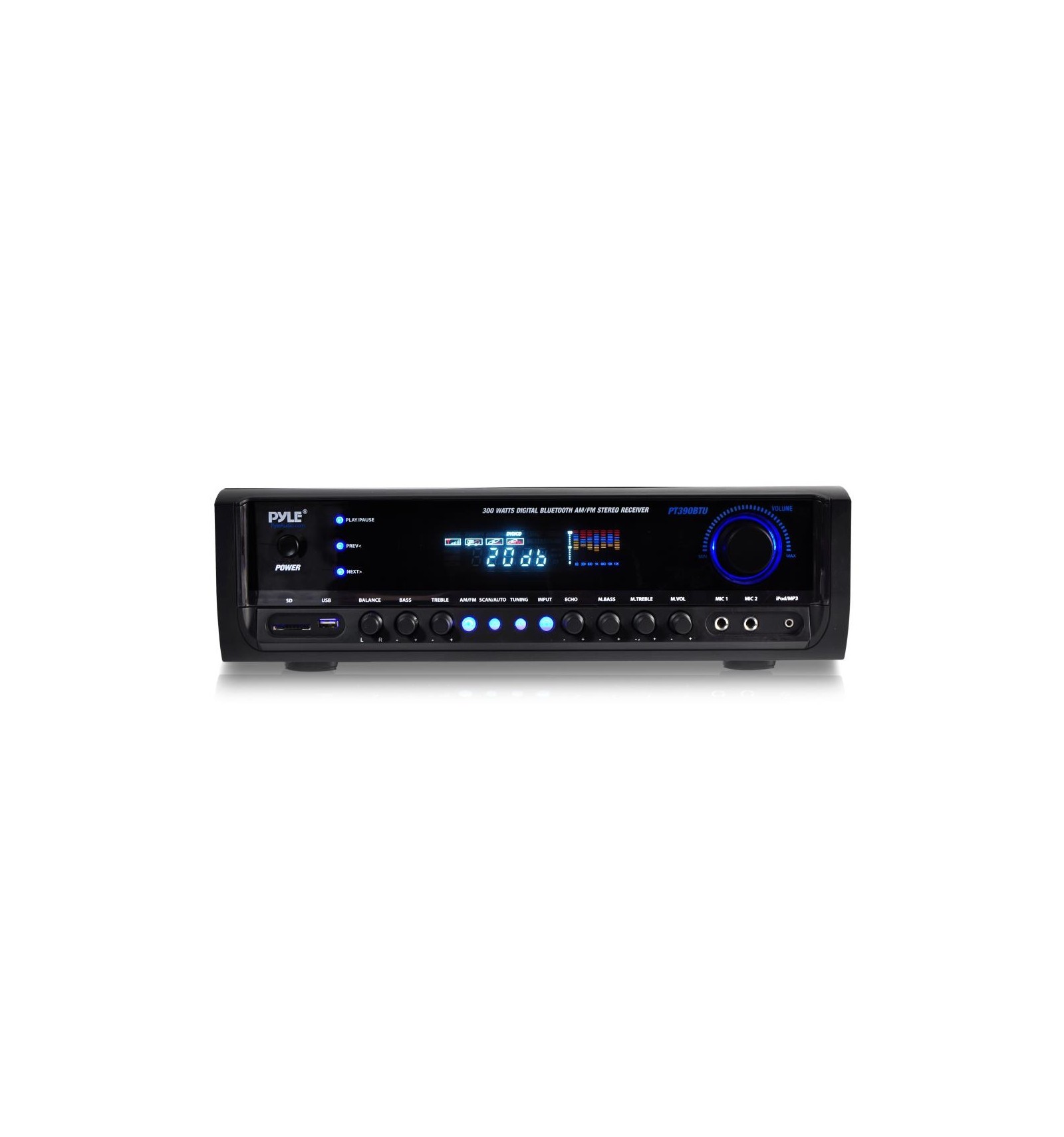  Receptor amplificador de audio estéreo Bluetooth 5.0 - Receptor  de sonido de doble canal HiFi de 300 W con USB, tarjeta SD, radio FM, 2  entradas de micrófono, control remoto, mini