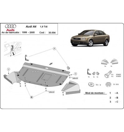 Cubre carter metalico Audi A4 B6, 1.9 Tdi (Desde 1999 hasta 2005)